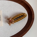 Detailed macro view of the checkered fabric hair clip with a cute flocked bear and gold bow - Yellow Coffee - Bear BB Clip