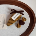 Detail of handmade plaid bow hair clip and plush hearts on a wooden tray - Yellow Coffee - Cloth Knot Heart Hair Clip