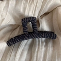 Close-up of vintage navy blue fabric texture and stitching on large hair claw clip - Navy Striped - Large Claw Clip