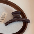 Detailed close-up of a large coffee brown striped claw clip on a linen cloth background - Matte Stripe-Thick Straight Claw / Brown