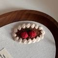 Detailed macro view of handmade crochet cherry hair clip with white scalloped edge - Handmade Crochet BB-Coffee Cherry