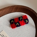 Close-up of handmade crochet hair clip with cherry embroidery and red plaid pattern - Handmade Crochet BB-Plaid Red Cherry