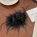 Elegant large black feather hair claw clip with satin bow for back of head styling - 7cm / Black