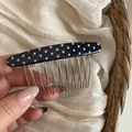Close-up of retro navy blue polka dot hair comb with metal teeth for women styling - Navy Blue