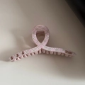 Detail view of pink acetate hair claw clip with bear print and checkered pattern - Pink Series - Hanger Claw