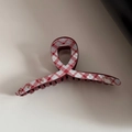 Detail view of burgundy checkered acetate hair claw clip with cute bear print pattern - Red Series - Hanger Claw