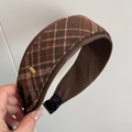 Detail of classic brown plaid fabric headband with elegant gold Love metal tag - Leather Plaid Headband - Coffee