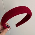 Detailed shot of red padded sponge headband with handmade label and knit texture - Basic Padded Headband / Red