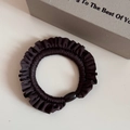 Detail of ruffle hair scrunchie in deep coffee satin with decorative oval bead buckle - Khaki