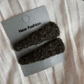 Detail of dark olive green lamb wool triangle hair clips on a grey display card - Lamb Wool Triangle Pair Clips / Dark Green