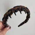 Detail view of brown checkered fabric headband with anti-slip shark teeth comb inside - British Style Toothed Headband / Tan