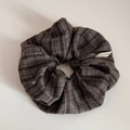 Detailed view of large tweed scrunchie with grey blue stripes and textured fabric - British Style Scrunchie / Brown