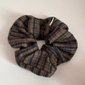 Detailed view of wide French fabric headband featuring brown and blue plaid pattern - British Style Scrunchie / Tan
