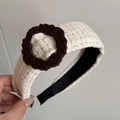 Close-up of wide tweed headband featuring a brown 3D floral accent and soft fabric lining - 3D Flower Wide Headband / Off White