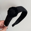 Detail of black tweed headband with elegant fabric flower ornament and smooth lining - 3D Flower Wide Headband / Black