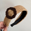 Detail of khaki wide woven headband with a dark brown vintage rose floral relief ornament - 3D Flower Wide Headband / Apricot