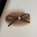 Close-up of plush camel brown scrunchie with dark brown bow and crystal center - Teddy Fleece BB Hair Clip / Apricot