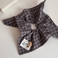 Close-up of a vintage plaid hair scrunchie with a brown teddy bear and handmade tag - Coffee Plaid - Bear Square Scrunchie