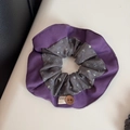 Detail of floral patchwork scrunchie with wooden button and handmade label texture - Grey Purple Patchwork - Wide Scrunchie