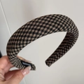 Detail of handmade brown plaid sponge headband showing the wool fabric and HAND MADE label - Grid Headband - Black/Coffee