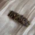 Close-up of olive green and brown knitted wool BB hair clip with fuzzy texture - Gradient Wool Rectangle Clip - Green Coffee