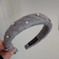 Detail of grey cable-knit headband with faux pearls and rhinestones, handmade label - Twist Knit Rhinestone Headband / Grey Knitted Rhinestone Headband