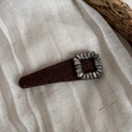 Detail of a dark brown plush triangle hair clip with a sparkling square rhinestone buckle - Hollow Square Rhinestone Coffee Triangle BB Clip / Brown