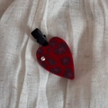Detail of red flocked heart hair clip with leopard print and a sparkling rhinestone - Red Heart Leopard