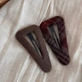 Detail view of retro plaid wool geometric triangle BB hair clips for women - Plaid Brown Large Triangle BB Pair Clips