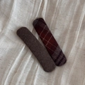 Close-up of wool plaid and solid brown triangle BB hair clips on soft linen fabric - Plaid Brown Rectangular BB Pair Clips