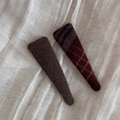 Detail of wool fabric texture on Korean style brown and plaid triangle hair clips - Plaid Brown Narrow Triangle BB Pair Clips