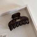 Detail view of dark brown translucent hair claw clip with golden Barrette La France text - Transparent Gray - Large Bone Clip