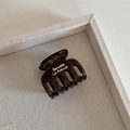 Close-up of a semi-transparent dark brown hair claw clip with golden lettering on a tray - Transparent Gray - Small Bone Clip