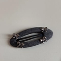Detail of grey herringbone fabric hair clip with four silver metal bows and tiny rhinestones - Oval Cutout BB - Gray Bow