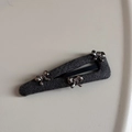 Detail of grey fabric BB hair clip with silver rhinestone metal bows and metal clasp - Triangle Cutout BB - Gray Bow