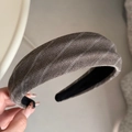 Detail shot of gray pinstripe suit fabric headband with padded structure and non-slip lining - Coffee Padded Headband