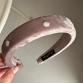 Detailed close-up of velvet polka dot headband in lavender pink with soft sponge padding - Velvet Polka Dot Headband - Light Pink