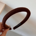 Close-up of handmade brown wool fabric headband showing soft texture and handmade label - Solid Color Woolen Narrow Headband / Dark Coffee