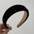 Detail of vintage French velvet headband with sparkling silver rhinestones and non-slip lining - Black