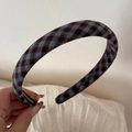 Detail of handmade vintage plaid hair clip with close-up of the internal label - Dark Plaid Headband-Blue Coffee