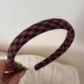 Macro detail showing the vintage wine red plaid fabric texture and neat edge of the hair clip - Dark Plaid Headband-Red
