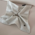 Detail of white striped scrunchie with handmade tag and heart button ornament - Striped Scarf Scrunchie - White
