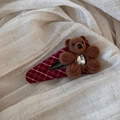 Detailed view of a red plaid hair clip featuring a cute brown flocked bear with a gem - Red Series - Plaid Bear Hair Clip