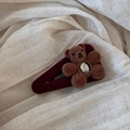 Detail of a vintage red velvet hair clip with a cute brown plush bear and sparkling crystal - Red Series - Solid Bear Hair Clip