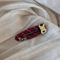 Detail of red checkered fabric BB hair clip with cartoon bear and Tagi letter decor - Plaid Dog Style (Tagi)