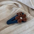 Detailed close-up of navy blue BB hair clip with flocked bear, flower, and crystal accent - Navy Blue Series - Solid Bear BB Clip