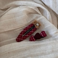 Macro shot of red plaid hair clips with a cute plush bear and heart-shaped fabric designs - Red Series - Bear Hair Clip Group