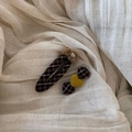 Detail of plaid bear hair clips and bow accessory on beige linen fabric background - Coffee Bear Clip Set
