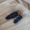 Detail view of navy plaid hair clips with a brown flocked bear and heart rhinestone accents - Navy Blue Series - Bear Pair Clips