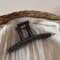 Detail of large dark blue denim-textured hair claw with contrast yellow stitching - Denim Blue - Thin Rectangular Claw
